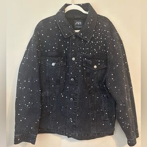 (VERY RARE) ZARA BLACK DENIM RHINESTONE SEQUIN CRYSTAL STUD JACKET NWOT